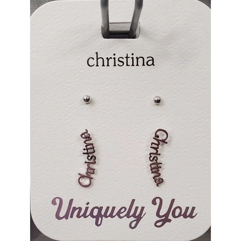 NEW CHRISTINA Personalized Name Earrings + 1 Pair Studs Silver Tone Uniquely You